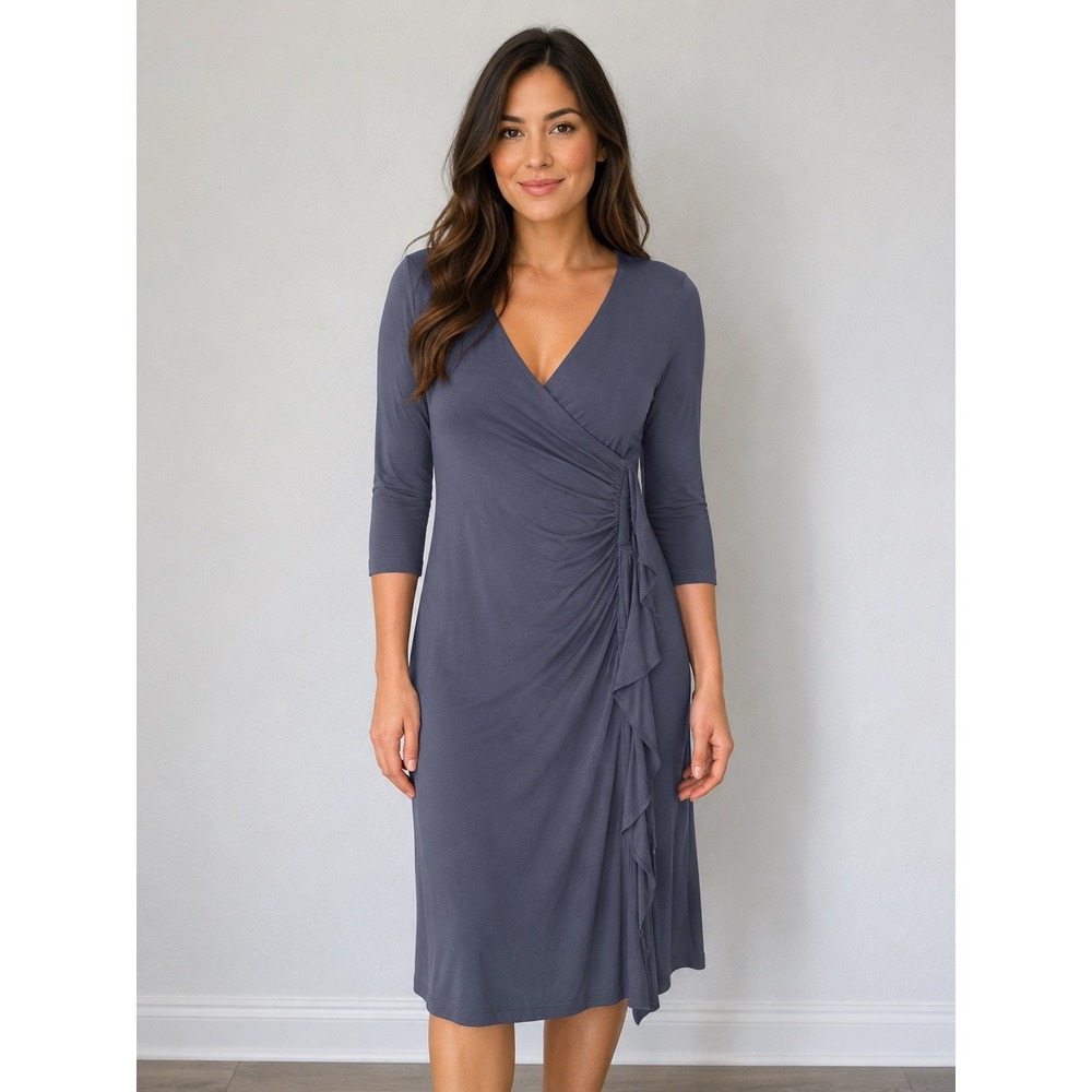 Wyeth Midi Dress S Gray Side Drape Faux Wrap VNeck Lined NORDSTROM NWT